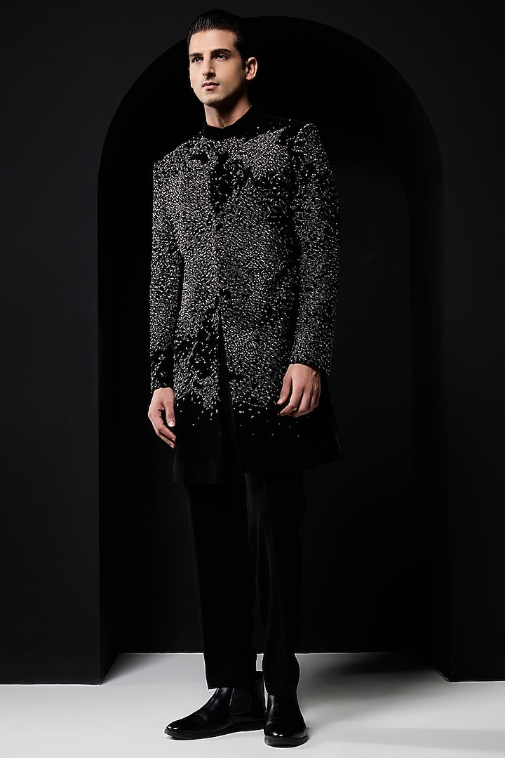 Black Velvet Pearl Work Groom Indowestern Set by Sarab Khanijou at Pernia's Pop Up Shop