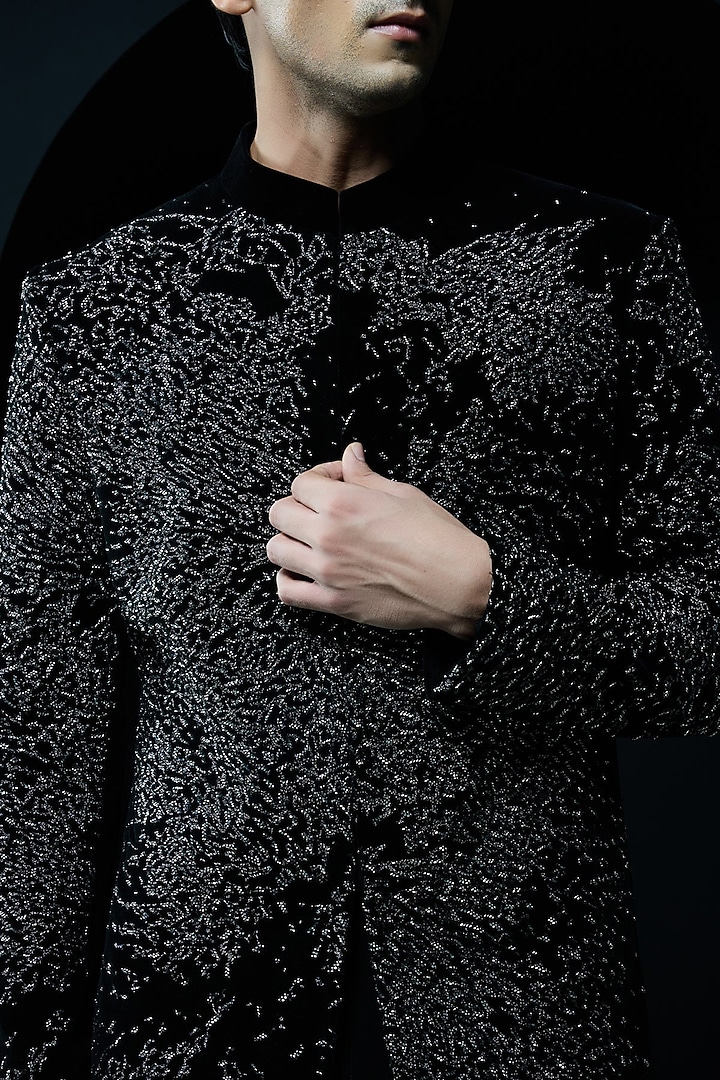 Black Velvet Pearl Work Groom Indowestern Set by Sarab Khanijou at Pernia's Pop Up Shop