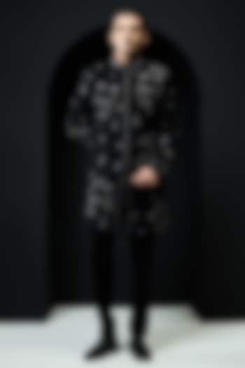 Black Sandwash Fabric Pearl Work Groom Indowestern Set by Sarab Khanijou at Pernia's Pop Up Shop