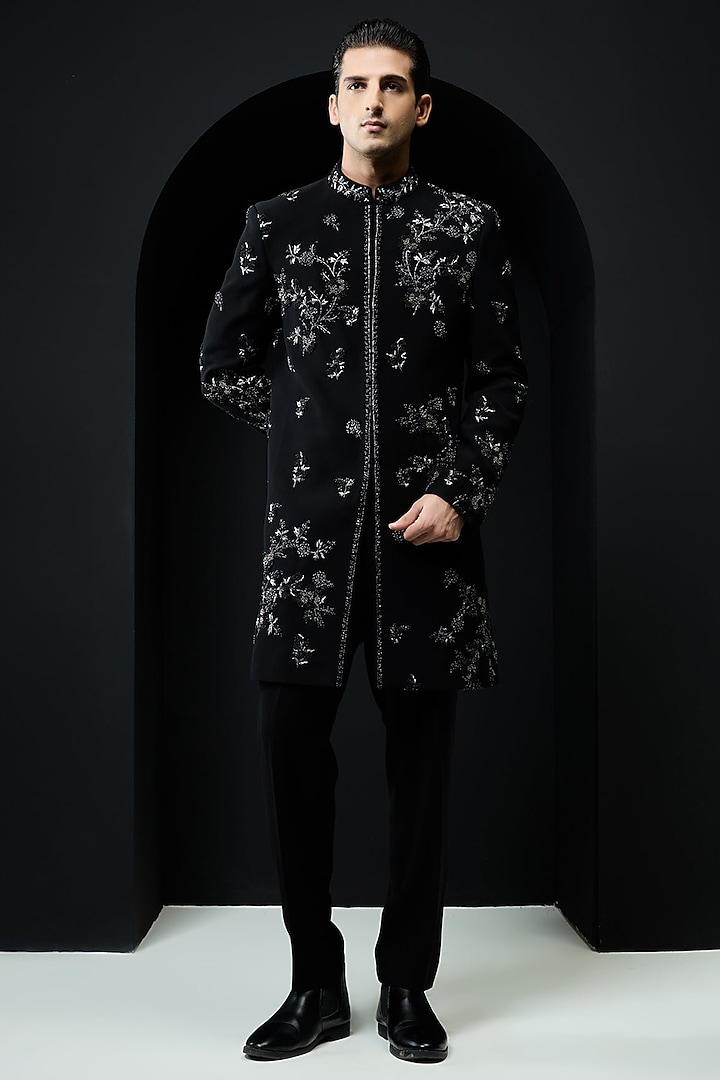 Black Sandwash Fabric Pearl Work Groom Indowestern Set by Sarab Khanijou at Pernia's Pop Up Shop