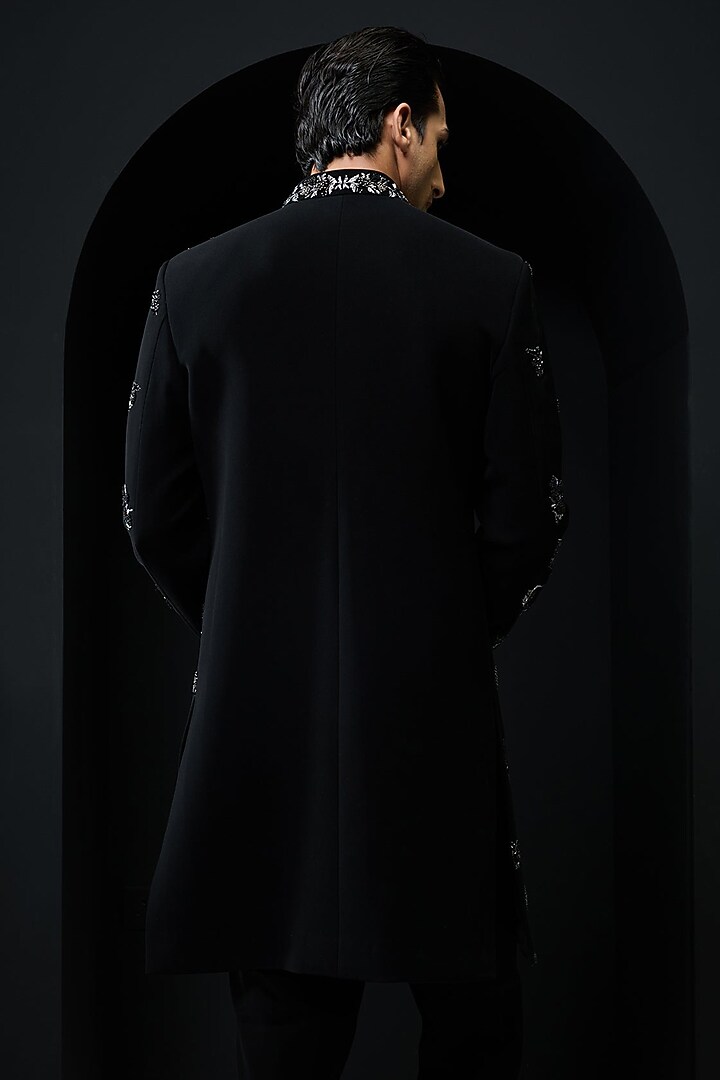 Black Sandwash Fabric Pearl Work Groom Indowestern Set by Sarab Khanijou at Pernia's Pop Up Shop