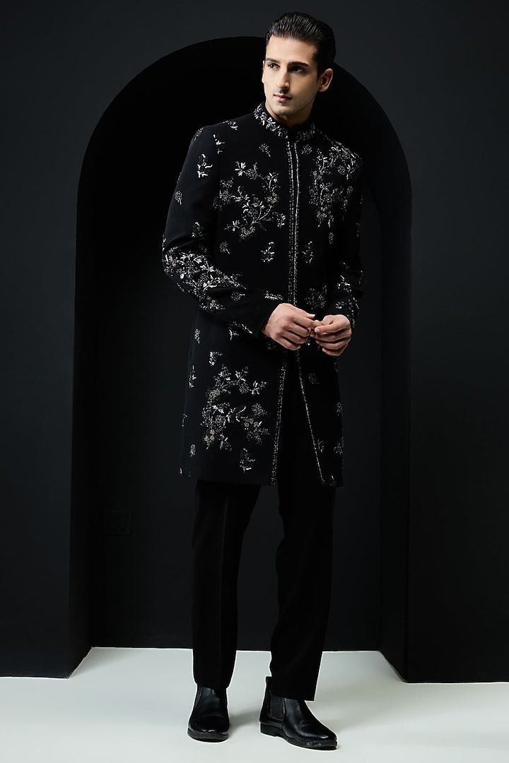 Black Sandwash Fabric Pearl Work Groom Indowestern Set by Sarab Khanijou at Pernia's Pop Up Shop