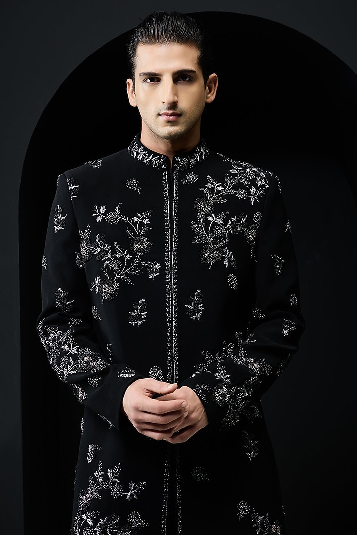 Black Sandwash Fabric Pearl Work Groom Indowestern Set by Sarab Khanijou at Pernia's Pop Up Shop