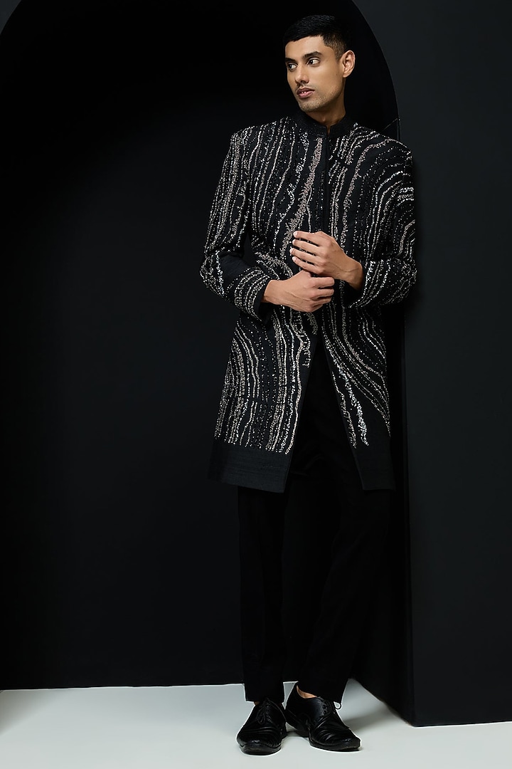 Black Raw Silk Pearl Work Groom Indowestern Set by Sarab Khanijou at Pernia's Pop Up Shop