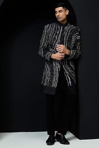 Black Raw Silk Pearl Work Indowestern Set by Sarab Khanijou