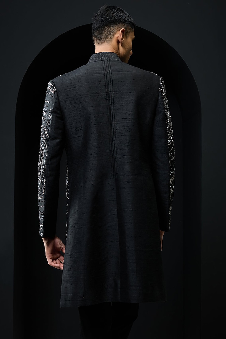 Black Raw Silk Pearl Work Groom Indowestern Set by Sarab Khanijou at Pernia's Pop Up Shop