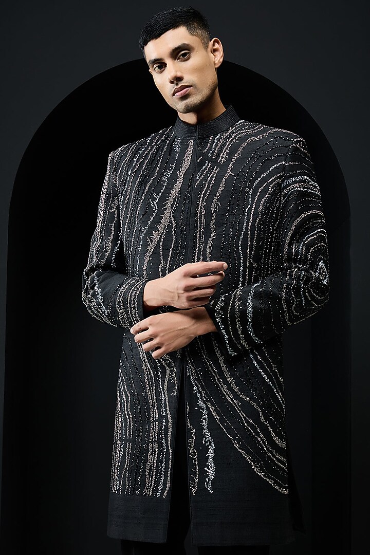 Black Raw Silk Pearl Work Groom Indowestern Set by Sarab Khanijou at Pernia's Pop Up Shop