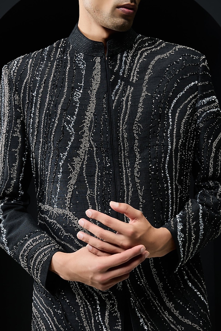 Black Raw Silk Pearl Work Groom Indowestern Set by Sarab Khanijou at Pernia's Pop Up Shop