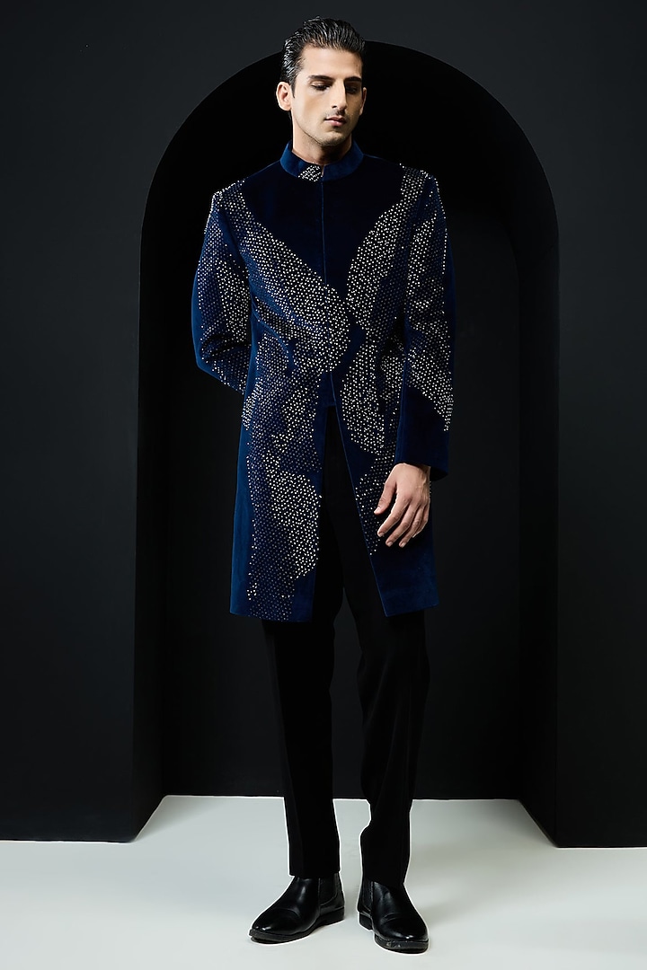 Teal Blue Velvet Sequins Work Groom Indowestern Set by Sarab Khanijou at Pernia's Pop Up Shop