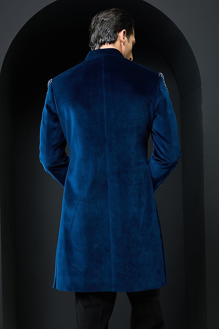 Teal Blue Velvet Sequins Work Groom Indowestern Set by Sarab Khanijou at Pernia's Pop Up Shop