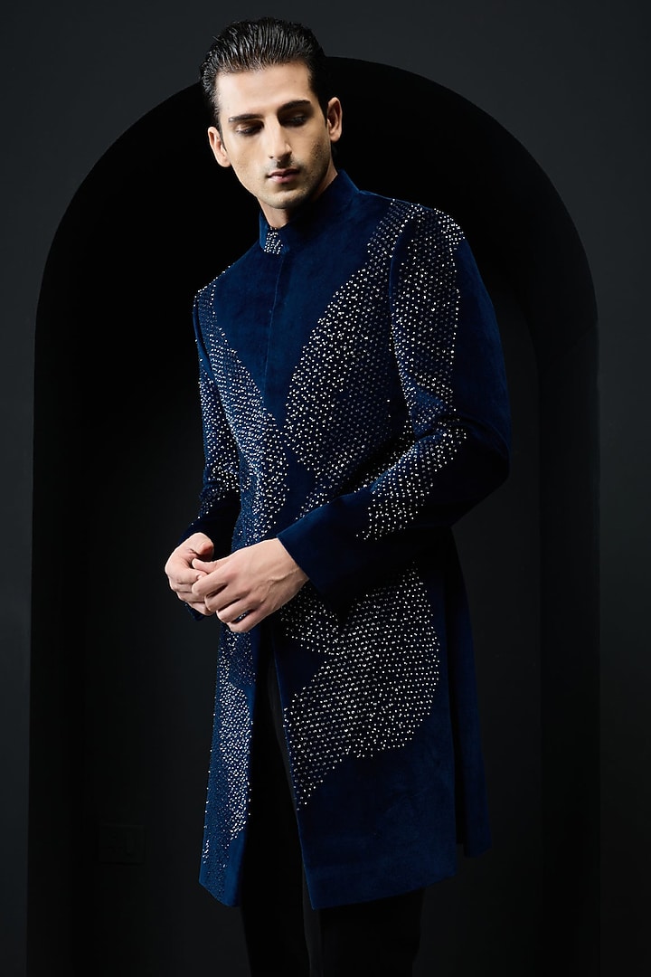 Teal Blue Velvet Sequins Work Groom Indowestern Set by Sarab Khanijou at Pernia's Pop Up Shop