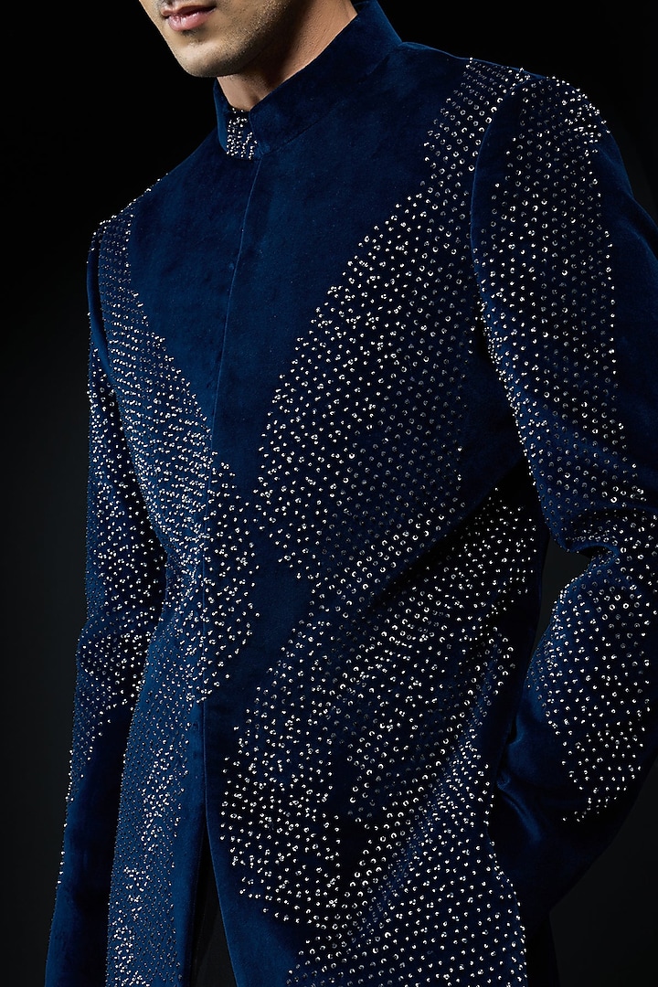 Teal Blue Velvet Sequins Work Groom Indowestern Set by Sarab Khanijou at Pernia's Pop Up Shop
