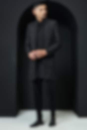 Black Raw Silk Pearl Work Open-Groom Indowestern Set by Sarab Khanijou at Pernia's Pop Up Shop