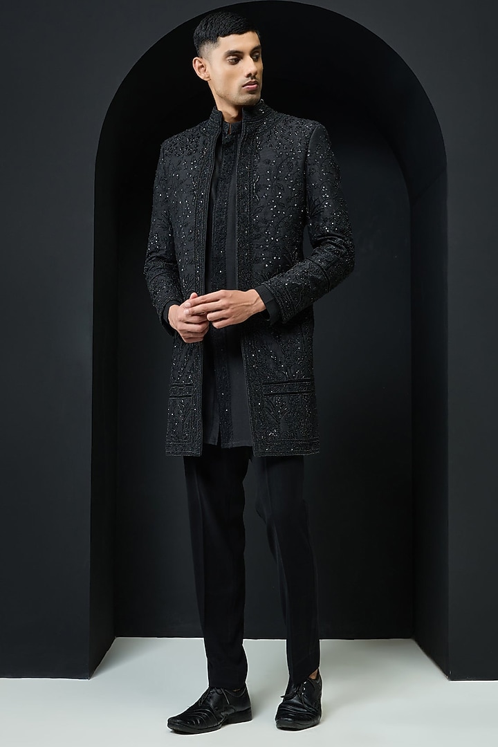 Black Raw Silk Pearl Work Open-Groom Indowestern Set by Sarab Khanijou at Pernia's Pop Up Shop