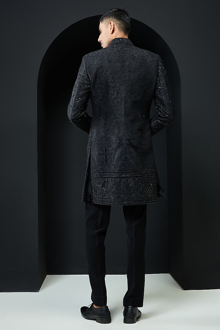 Black Raw Silk Pearl Work Open-Groom Indowestern Set by Sarab Khanijou at Pernia's Pop Up Shop