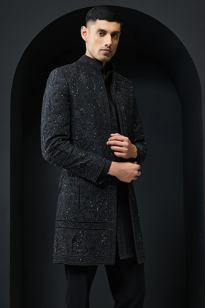 Black Raw Silk Pearl Work Open-Groom Indowestern Set by Sarab Khanijou at Pernia's Pop Up Shop