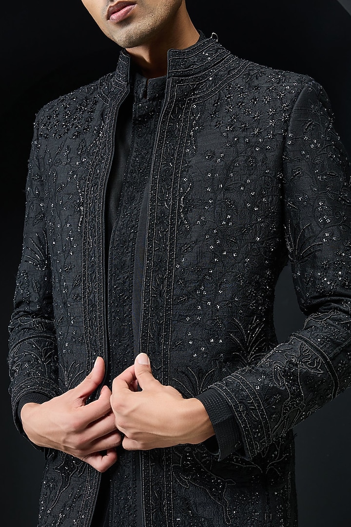 Black Raw Silk Pearl Work Open-Groom Indowestern Set by Sarab Khanijou at Pernia's Pop Up Shop