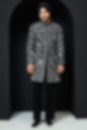 Teal Velvet Thread Work Groom Indowestern Set by Sarab Khanijou at Pernia's Pop Up Shop