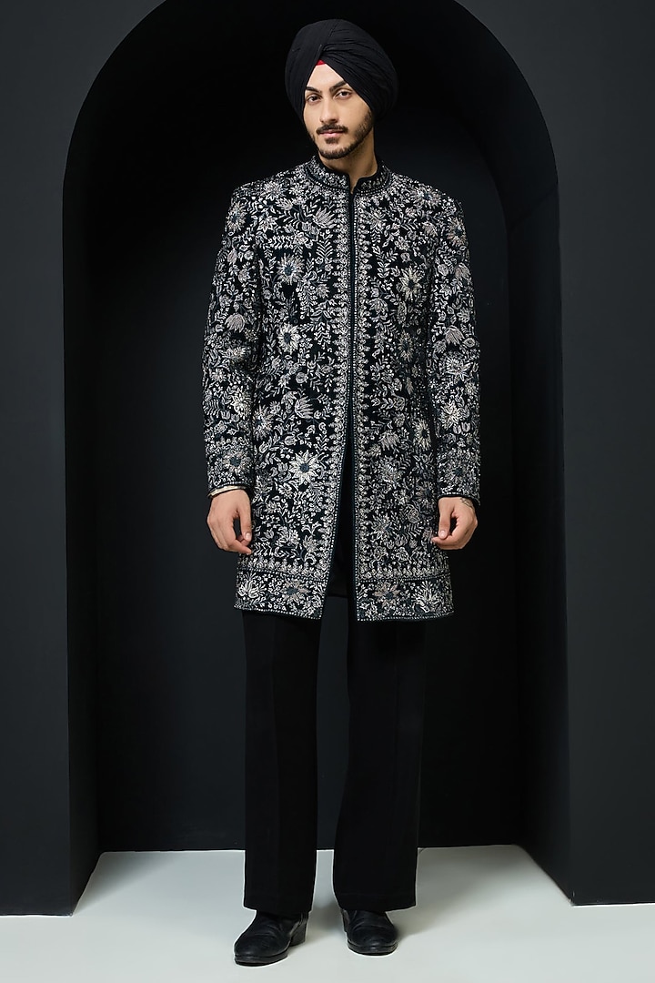 Teal Velvet Thread Work Groom Indowestern Set by Sarab Khanijou at Pernia's Pop Up Shop