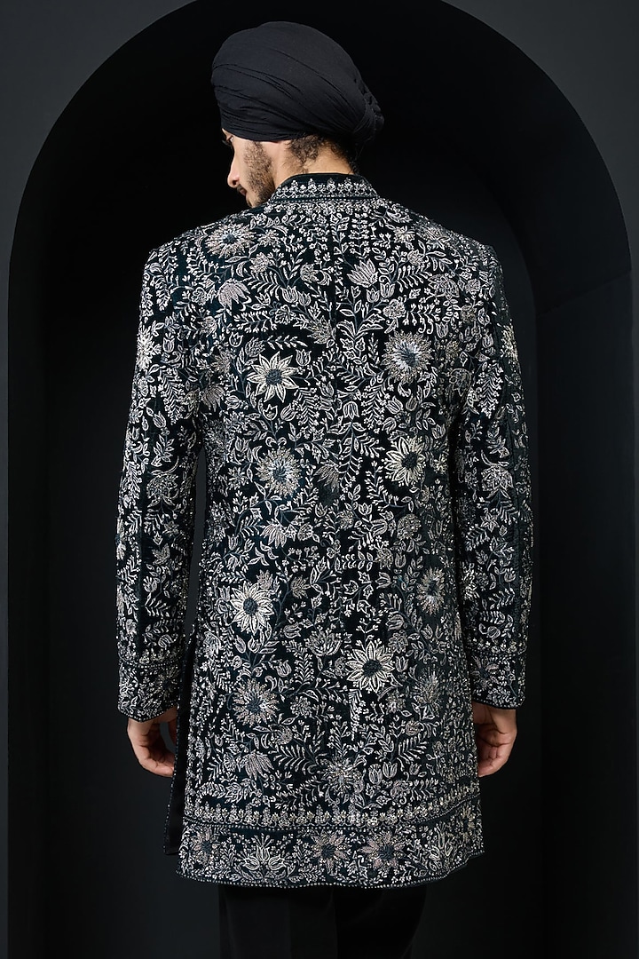 Teal Velvet Thread Work Groom Indowestern Set by Sarab Khanijou at Pernia's Pop Up Shop