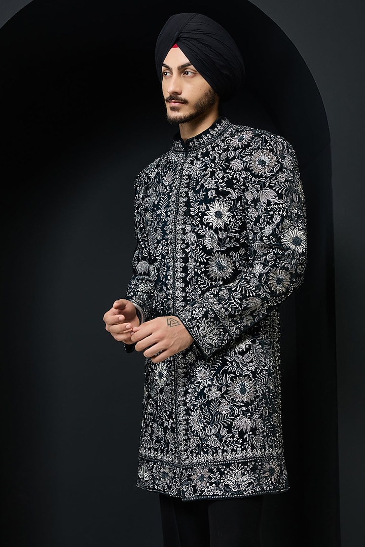 Teal Velvet Thread Work Groom Indowestern Set by Sarab Khanijou at Pernia's Pop Up Shop