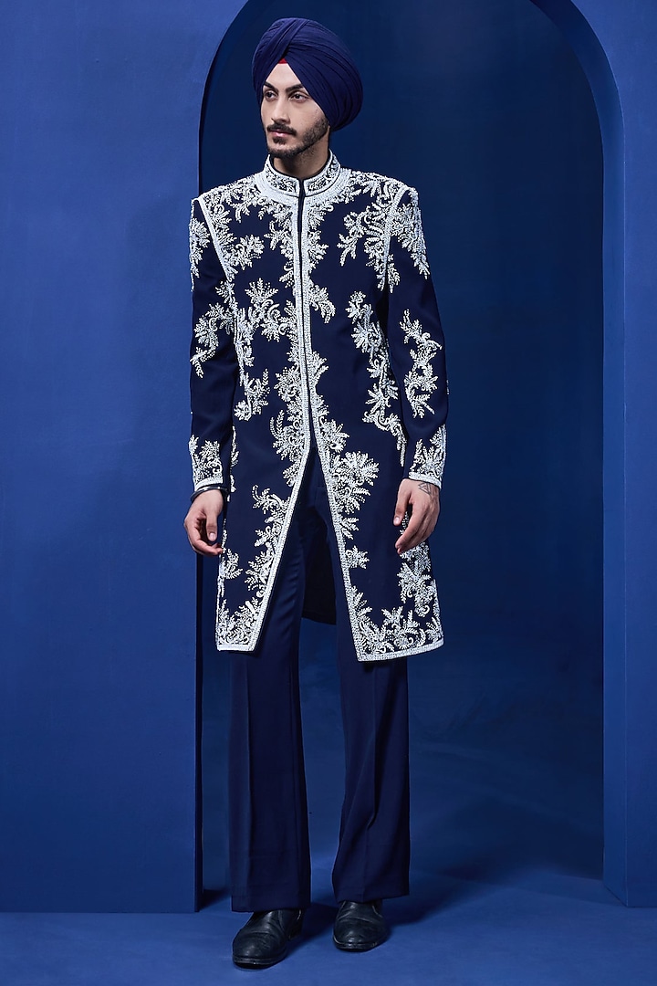 Black Sandwash Fabric Thread Work Groom Indowestern Set by Sarab Khanijou at Pernia's Pop Up Shop