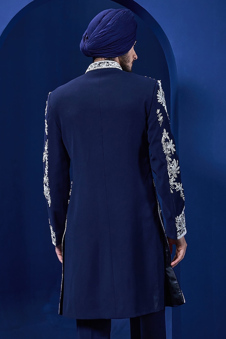 Black Sandwash Fabric Thread Work Groom Indowestern Set by Sarab Khanijou at Pernia's Pop Up Shop