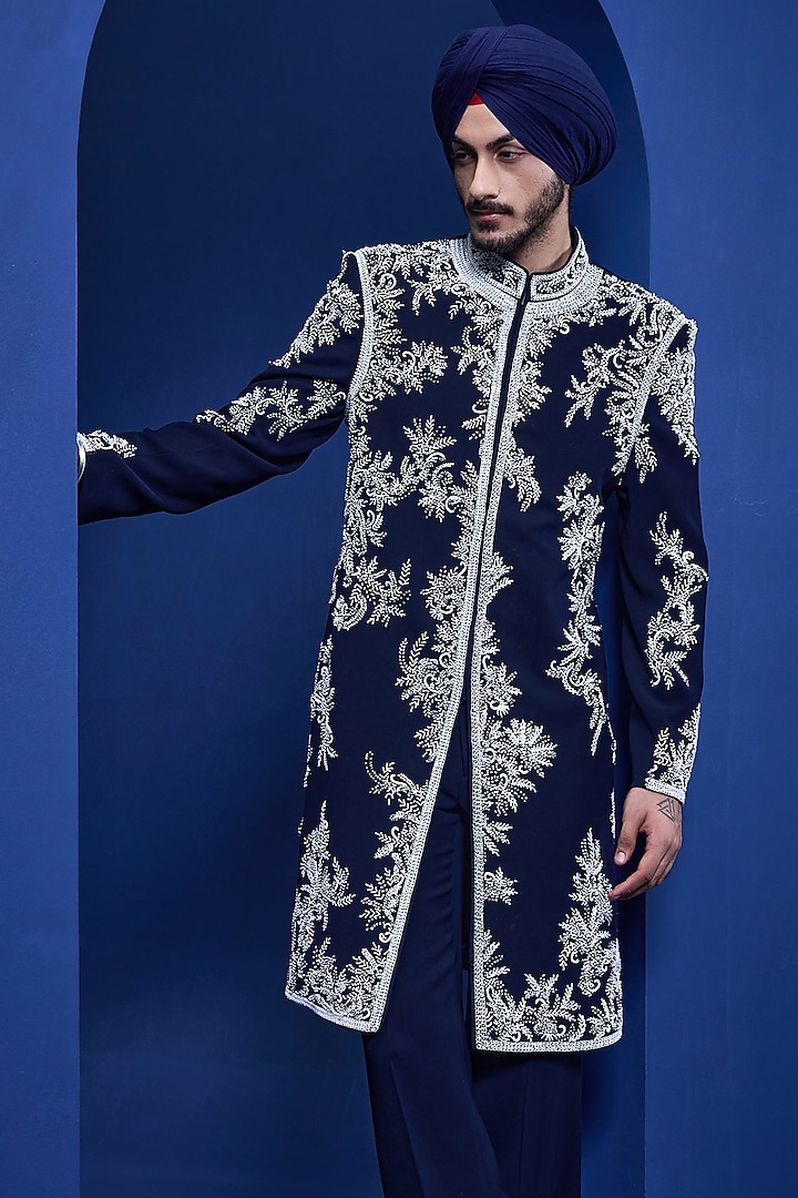 Black Sandwash Fabric Thread Work Groom Indowestern Set by Sarab Khanijou at Pernia's Pop Up Shop