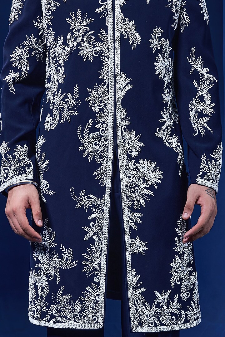 Black Sandwash Fabric Thread Work Groom Indowestern Set by Sarab Khanijou at Pernia's Pop Up Shop