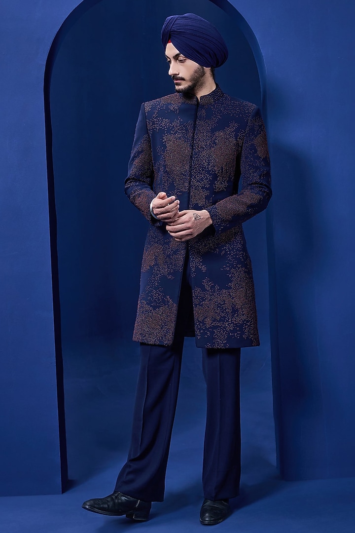 Black Sandwash Fabric Thread Work Groom Indowestern Set by Sarab Khanijou at Pernia's Pop Up Shop