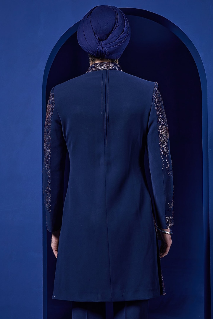 Black Sandwash Fabric Thread Work Groom Indowestern Set by Sarab Khanijou at Pernia's Pop Up Shop