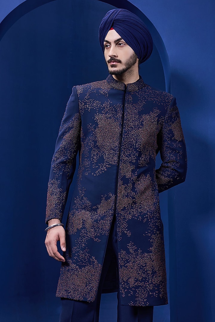 Black Sandwash Fabric Thread Work Groom Indowestern Set by Sarab Khanijou at Pernia's Pop Up Shop