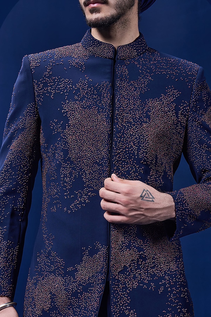 Black Sandwash Fabric Thread Work Groom Indowestern Set by Sarab Khanijou at Pernia's Pop Up Shop