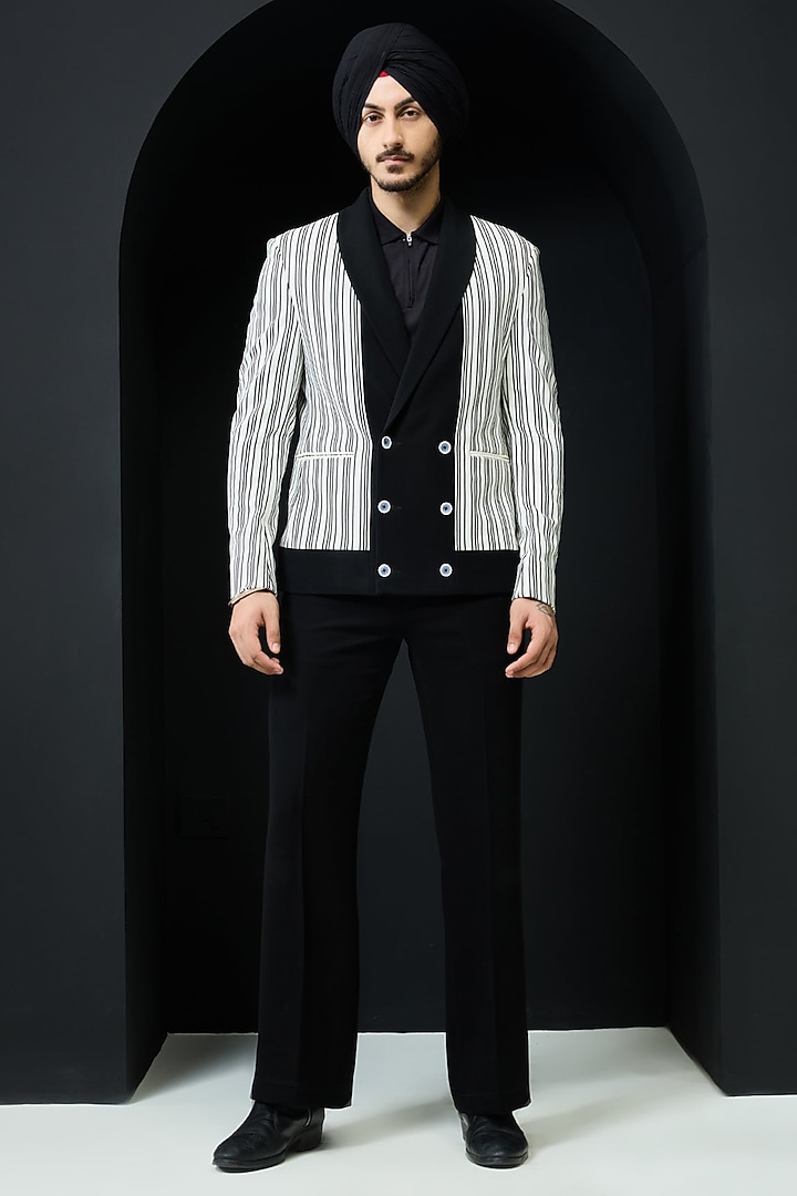 White & Black Jersey Striped Jacket Set by Sarab Khanijou at Pernia's Pop Up Shop