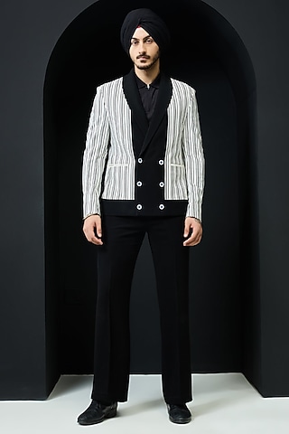 White & Black Jersey Striped Jacket Set by Sarab Khanijou