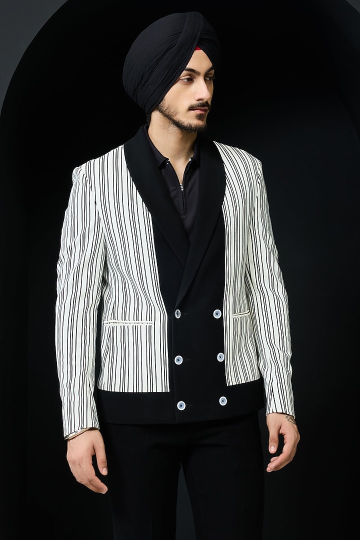 White & Black Jersey Striped Jacket Set by Sarab Khanijou at Pernia's Pop Up Shop