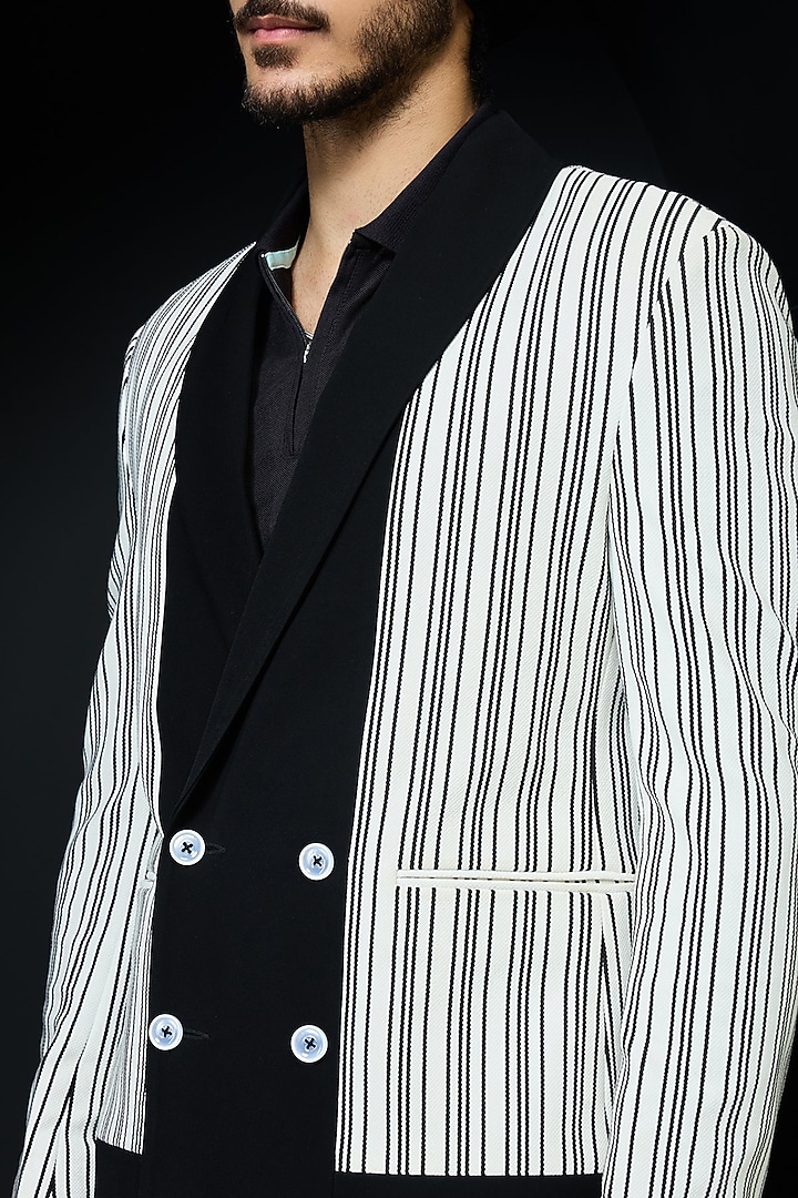 White & Black Jersey Striped Jacket Set by Sarab Khanijou at Pernia's Pop Up Shop