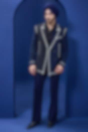 Navy Blue & Black Twill Blazer Set by Sarab Khanijou at Pernia's Pop Up Shop