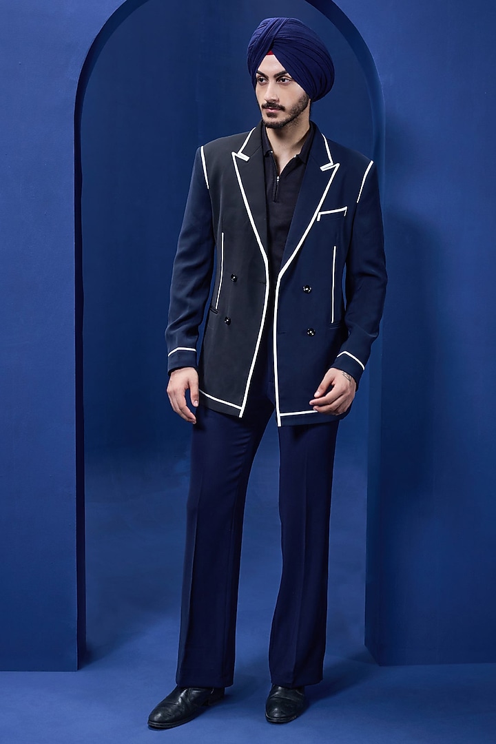 Navy Blue & Black Twill Blazer Set by Sarab Khanijou at Pernia's Pop Up Shop