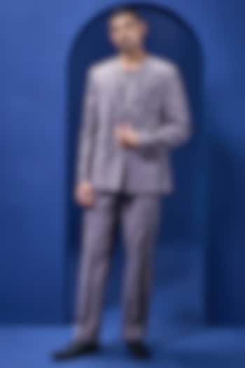 Grey Crepe Thread Embroidered Tuxedo Set by Sarab Khanijou at Pernia's Pop Up Shop