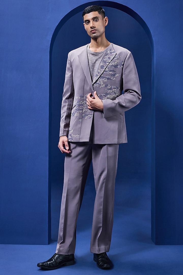 Grey Crepe Thread Embroidered Tuxedo Set by Sarab Khanijou at Pernia's Pop Up Shop