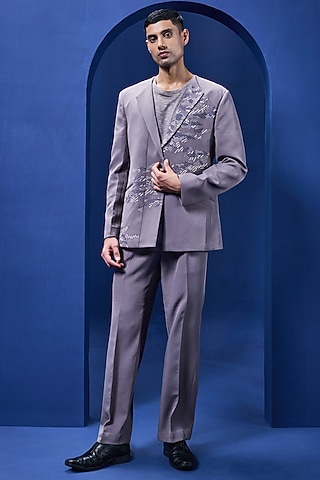 Grey Crepe Thread Embroidered Tuxedo Set by Sarab Khanijou