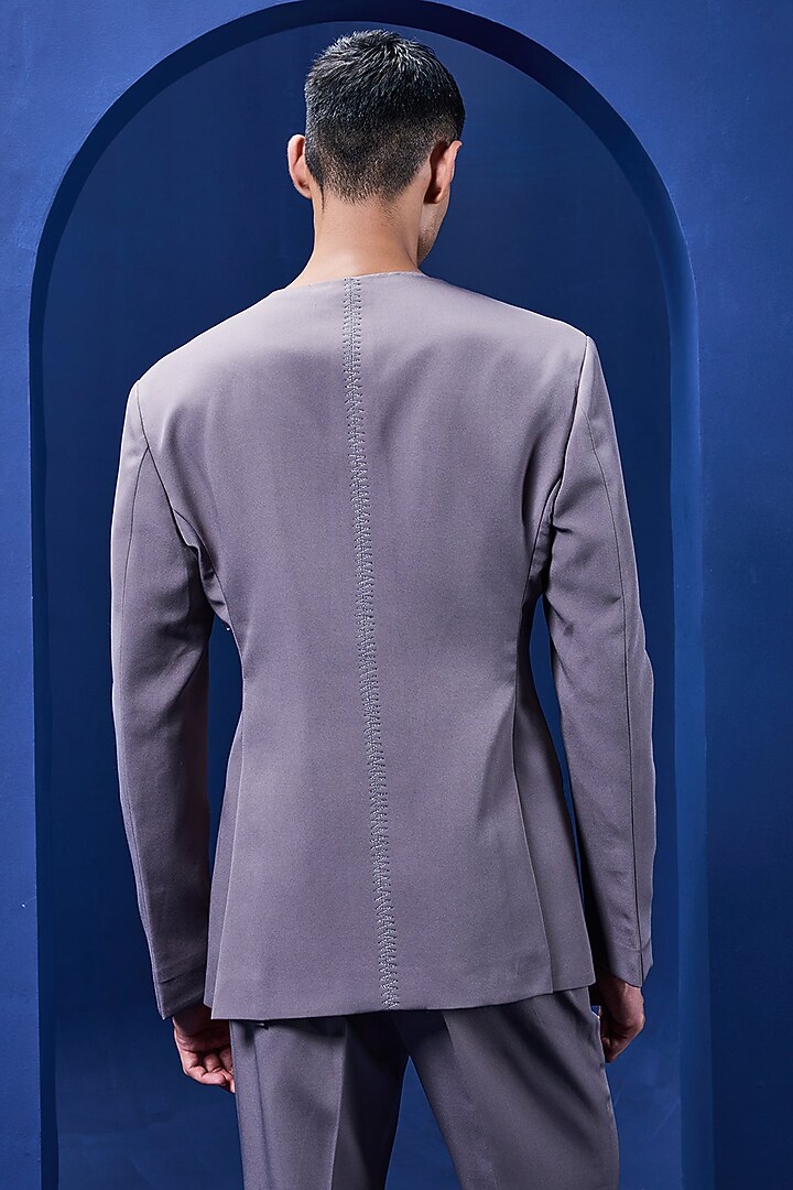 Grey Crepe Thread Embroidered Tuxedo Set by Sarab Khanijou at Pernia's Pop Up Shop