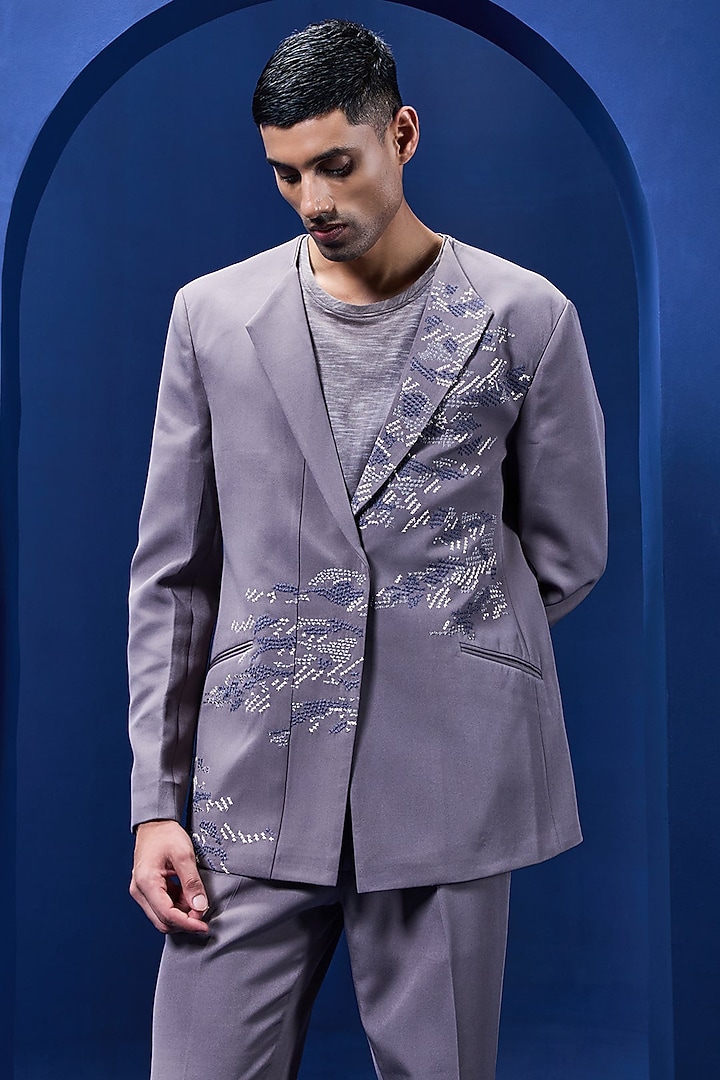 Grey Crepe Thread Embroidered Tuxedo Set by Sarab Khanijou at Pernia's Pop Up Shop