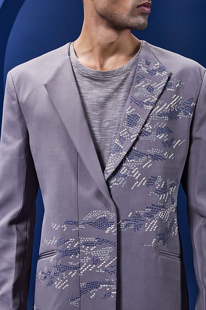 Grey Crepe Thread Embroidered Tuxedo Set by Sarab Khanijou at Pernia's Pop Up Shop