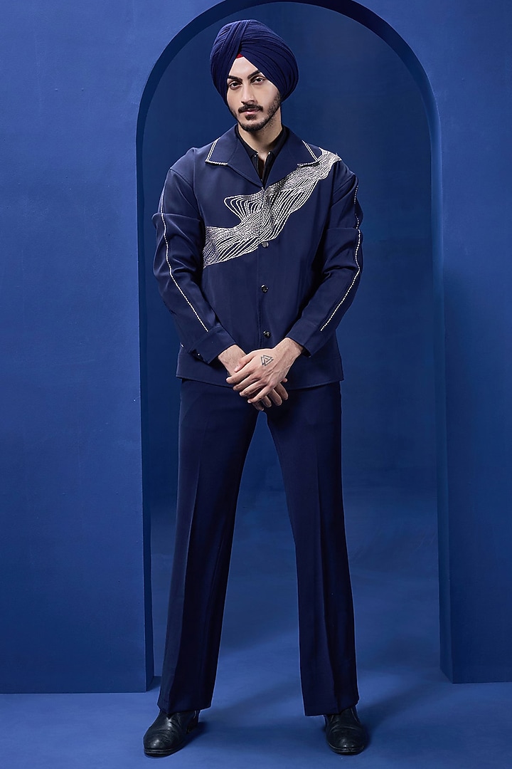 Navy Blue Crepe Embroidered Co-Ord Set by Sarab Khanijou at Pernia's Pop Up Shop