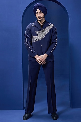 Navy Blue Crepe Embroidered Co-Ord Set by Sarab Khanijou