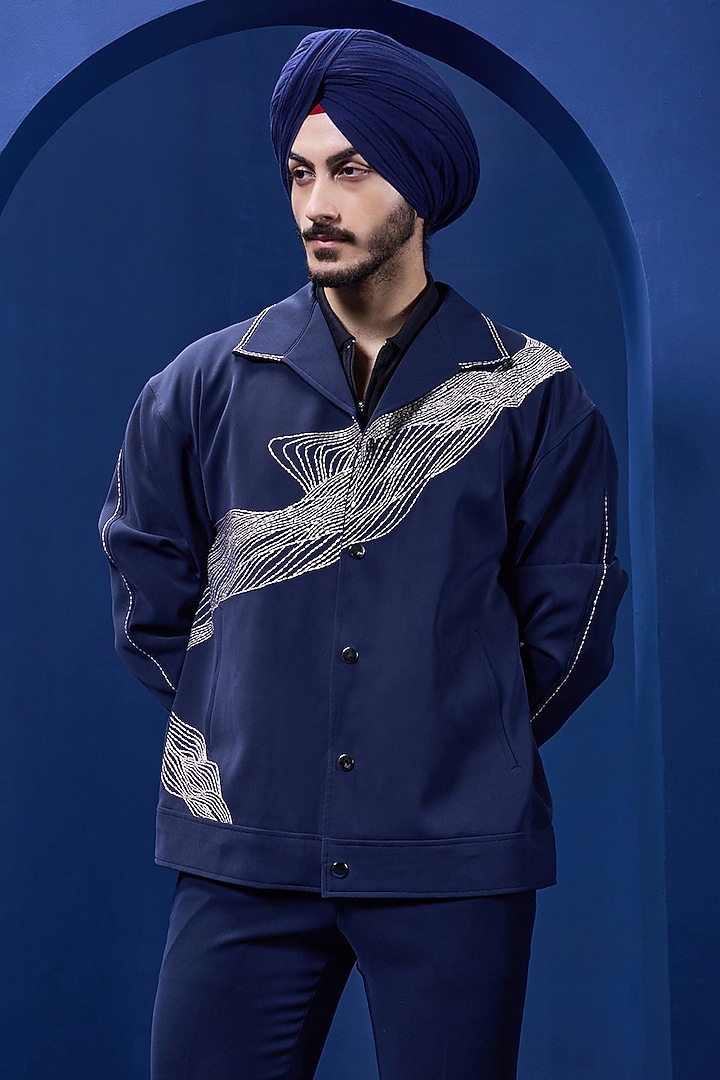 Navy Blue Crepe Embroidered Co-Ord Set by Sarab Khanijou at Pernia's Pop Up Shop