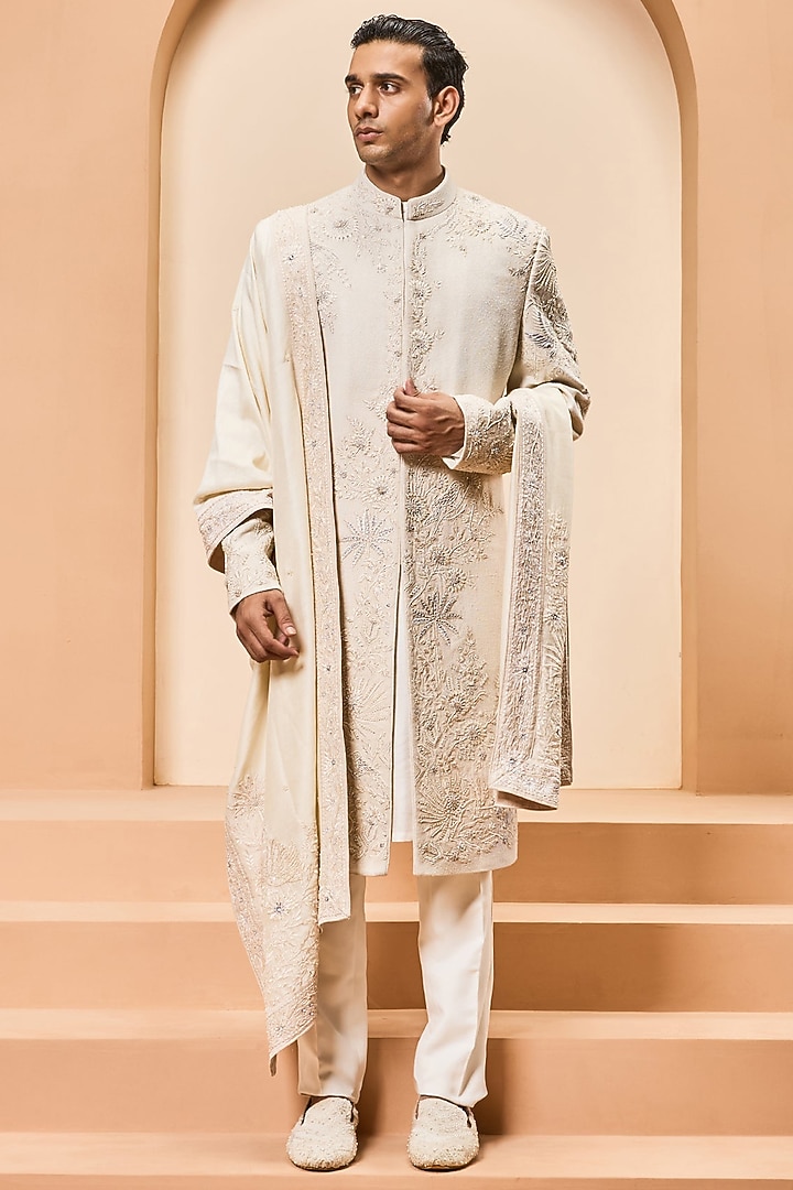 Ivory Matka Silk Threadwork Groom Sherwani Set by Sarab Khanijou at Pernia's Pop Up Shop