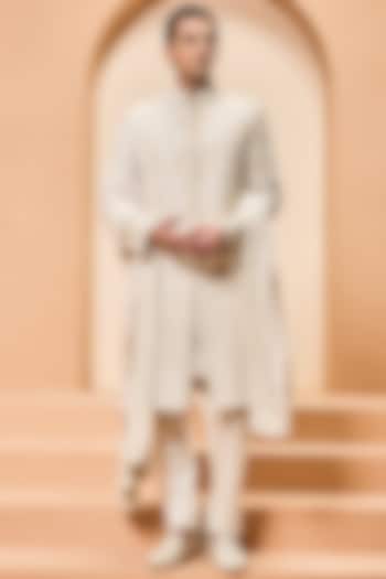 Ivory Raw Silk Threadwork Groom Sherwani Set by Sarab Khanijou at Pernia's Pop Up Shop